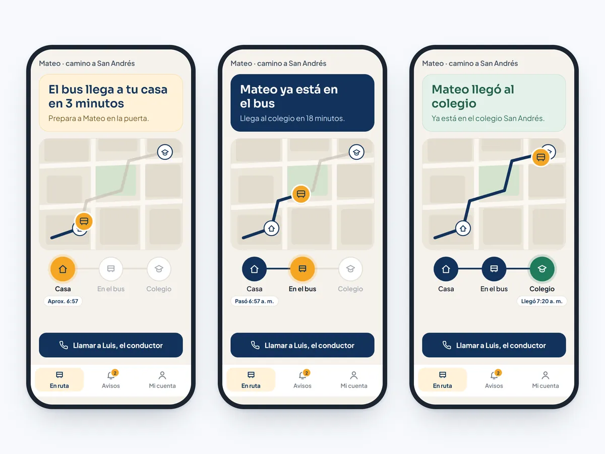 Pantalla del sistema de movilidad escolar, con datos de ejemplo